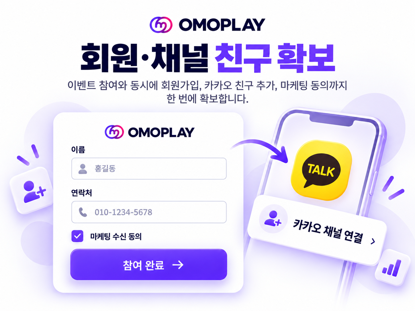 브랜드 회원가입과 카카오톡 채널 친구 추가를 연결하는 화면 예시